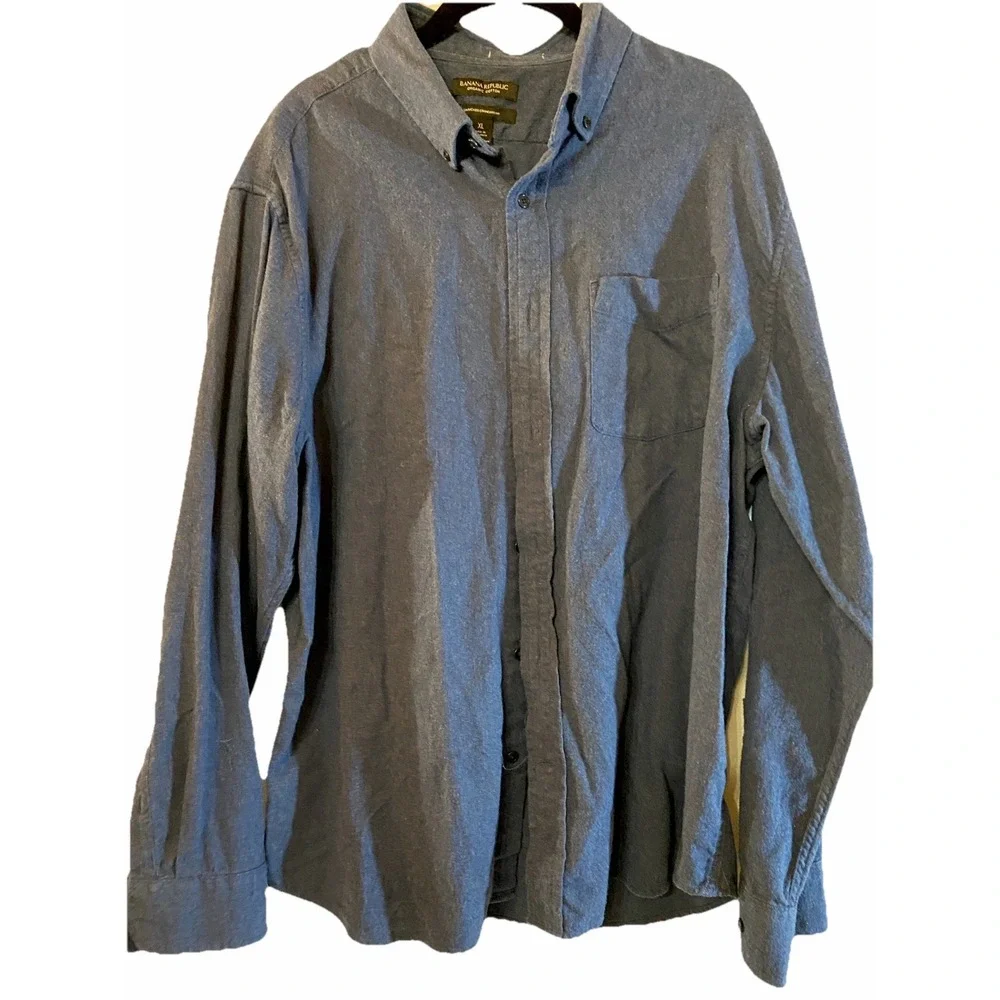 Men's Organic Cotton Sz XL Button Up Shirt Cabincore Hearher Blue Nature Hiking